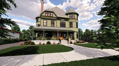 A rendering of the Green Mansion at 366 West Onondaga Street, Syracuse. The Green Mansion Redevelopment Project will restore the 9,780-square-foot Green Mansion to create four units of affordable workforce housing, commercial space, and community meeting space.