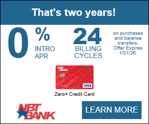 NBT Bank Zero plus Credit Card. 0% intro APR, 24 Billing cycles, on purchases and balance transfers. Offer expires 1/31/26.