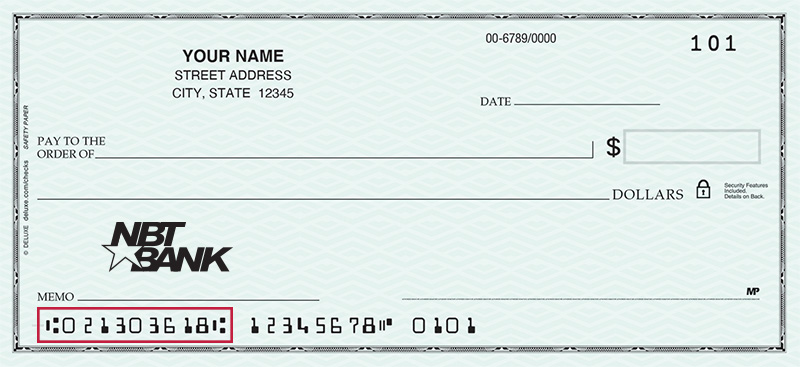 NBT Bank Sample Check with routing number highlighted