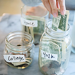 Money in jars labelled for college, house and 401K